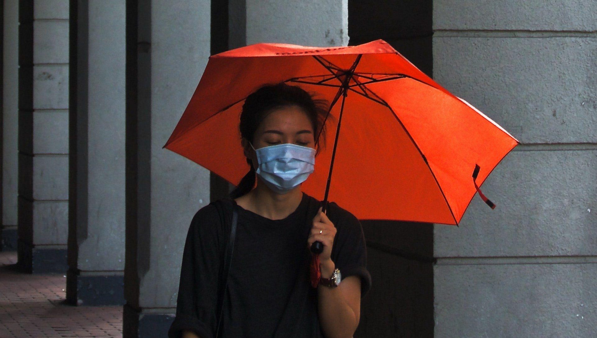 Asian Woman with umbrella and facemask